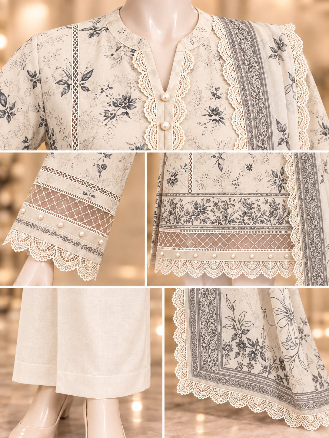 Ivory Botanical 3-Piece Printed Suit - details view