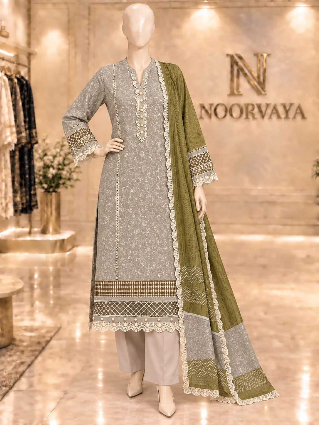 Grey Olive 3-Piece Printed Lawn Suit - front view