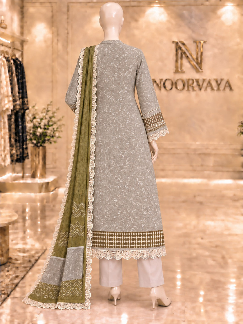 Grey Olive 3-Piece Printed Lawn Suit - back view
