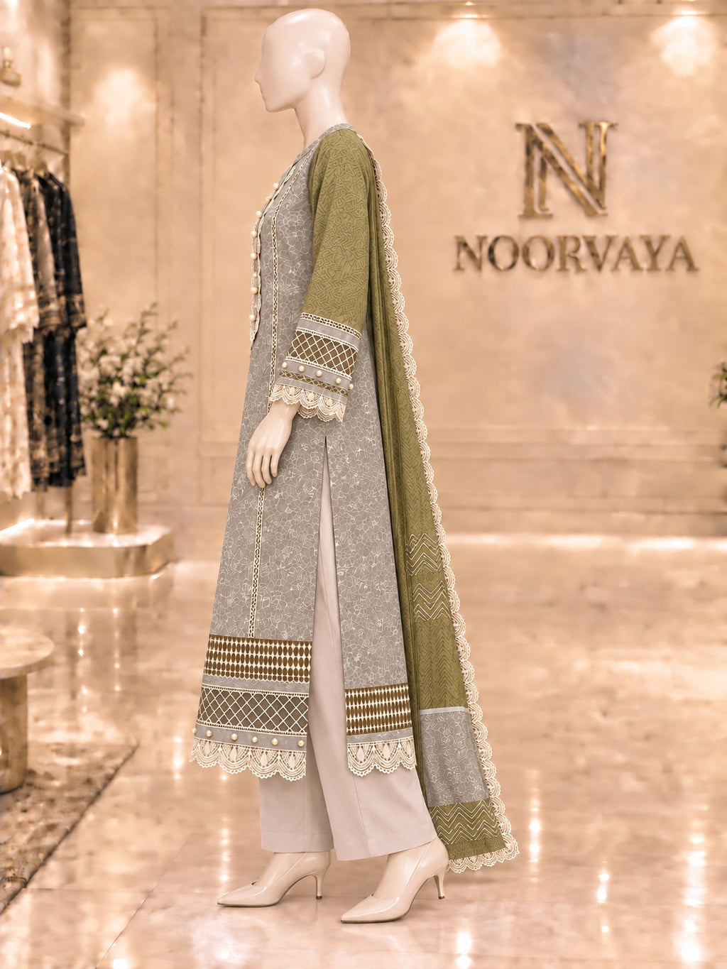 Grey Olive 3-Piece Printed Lawn Suit - left view