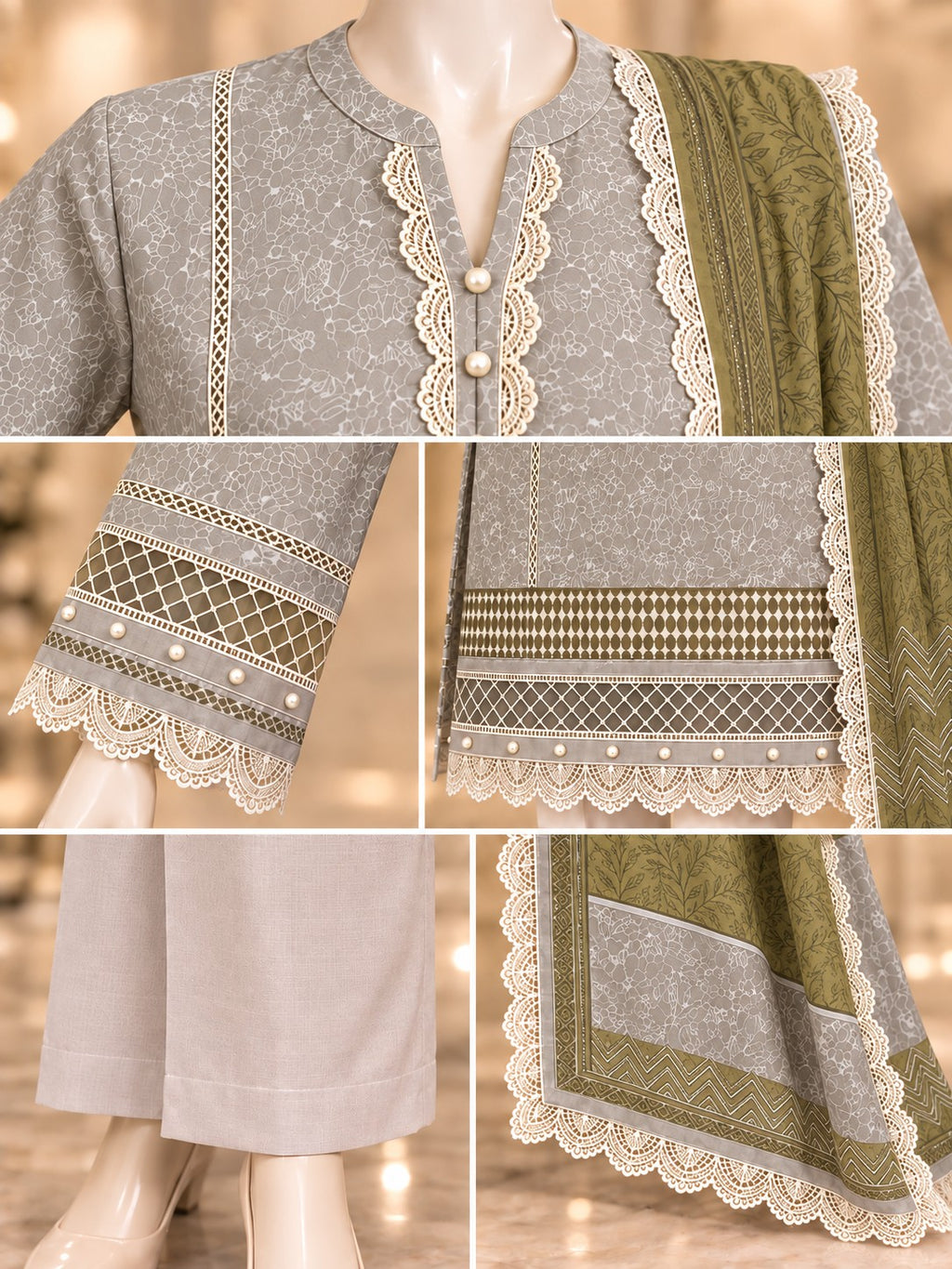 Grey Olive 3-Piece Printed Lawn Suit - details view