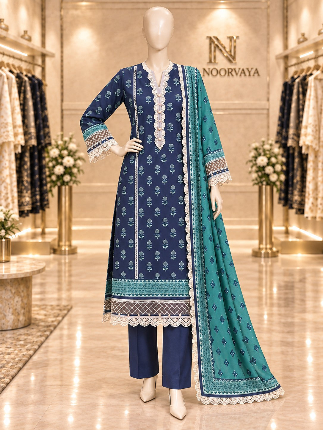 Navy Teal Sprigs 3-Piece Printed Suit - front view