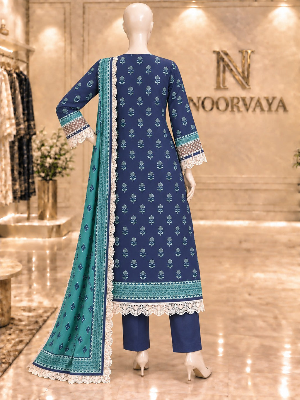 Navy Teal Sprigs 3-Piece Printed Suit - back view