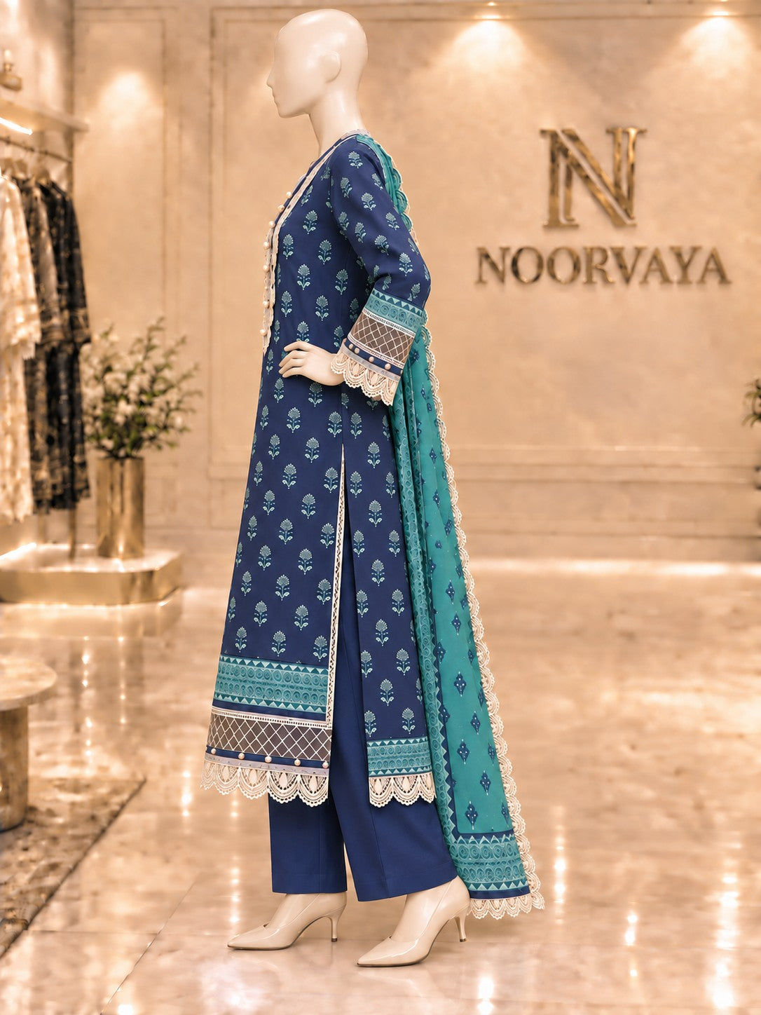 Navy Teal Sprigs 3-Piece Printed Suit - left view