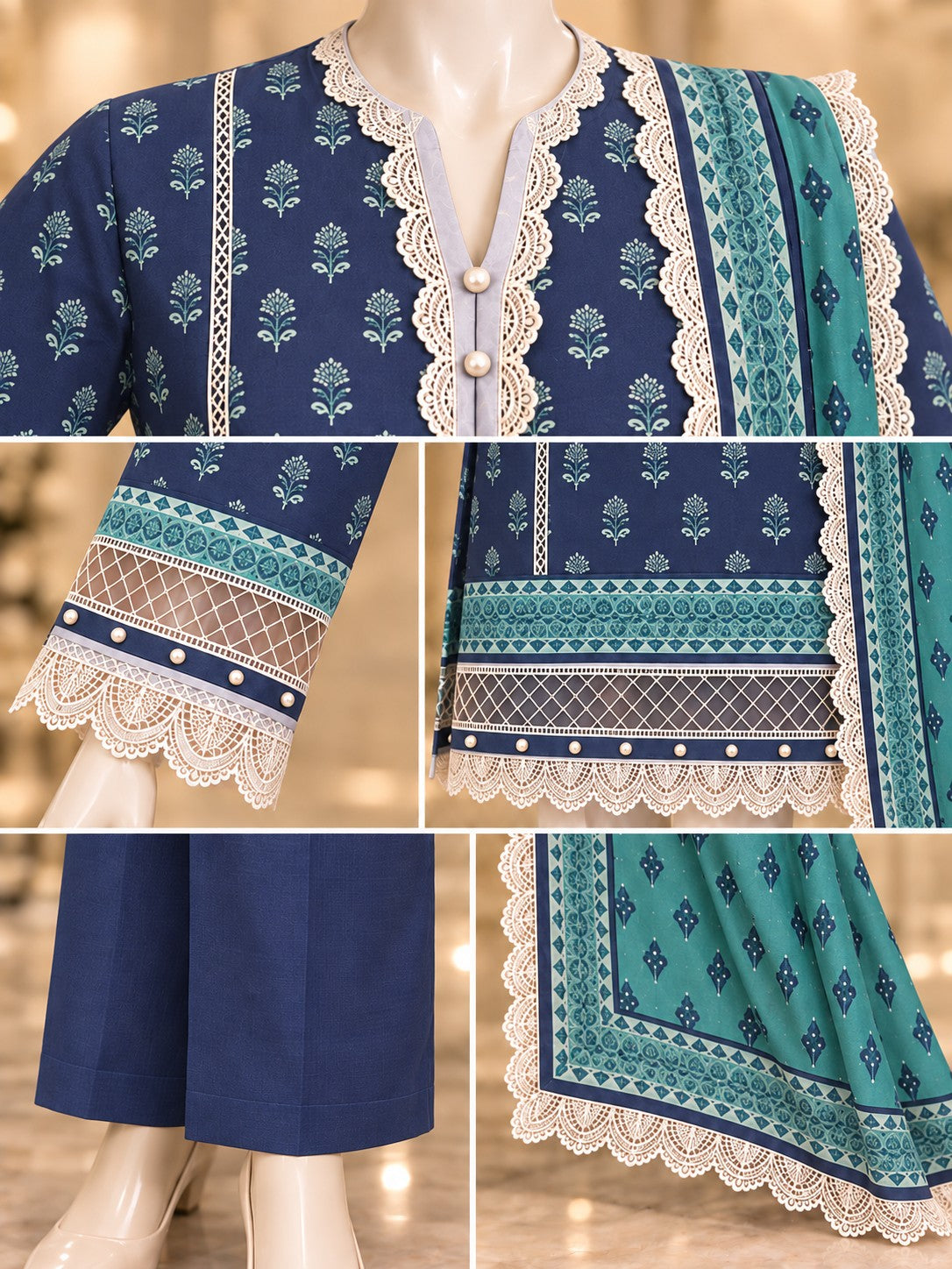Navy Teal Sprigs 3-Piece Printed Suit - details view
