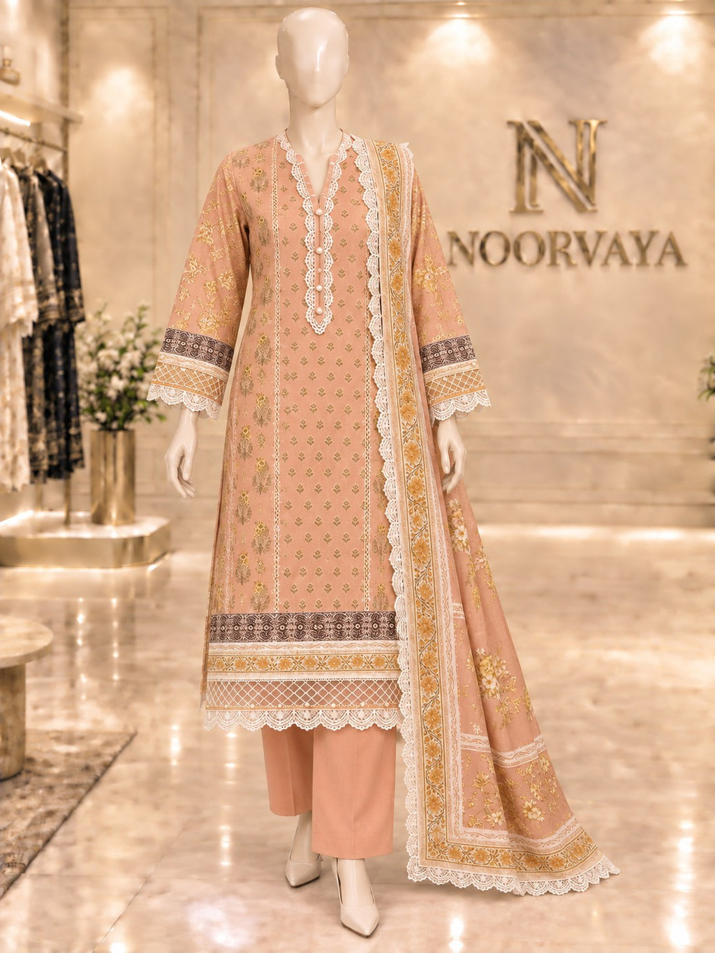 Peach Gold 3-Piece Printed Suit - front view