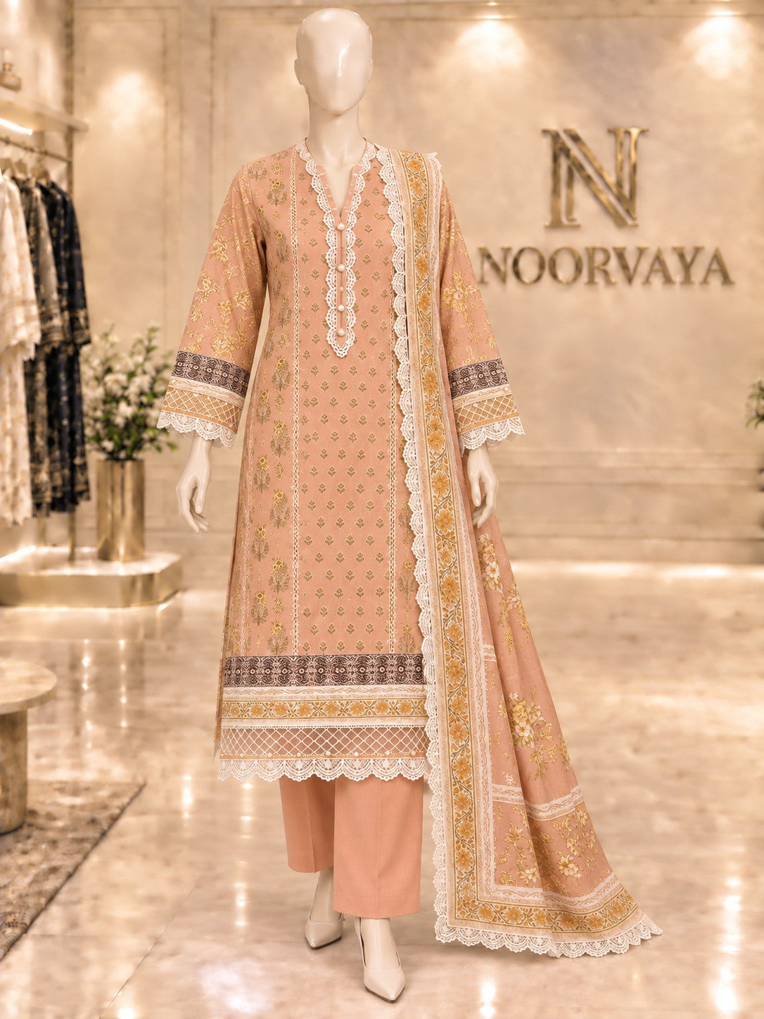 Peach Gold 3-Piece Printed Suit - front view