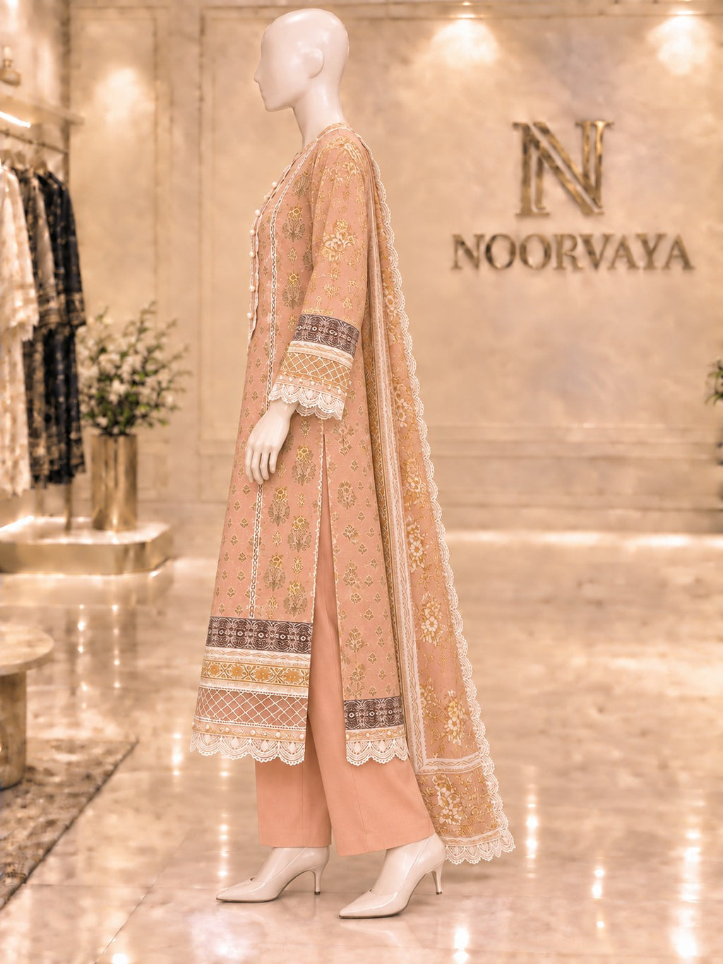 Peach Gold 3-Piece Printed Suit - left view