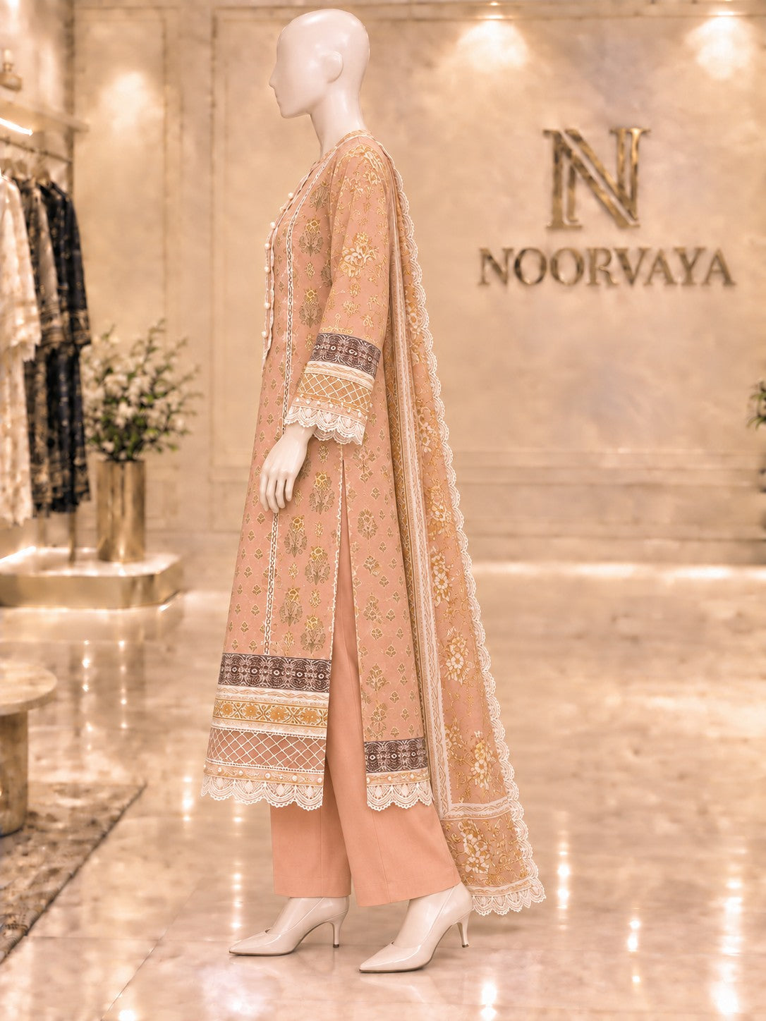 Peach Gold 3-Piece Printed Suit - left view