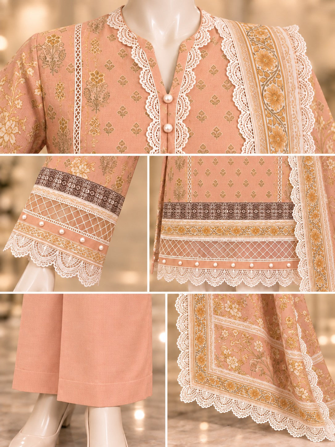 Peach Gold 3-Piece Printed Suit - details view