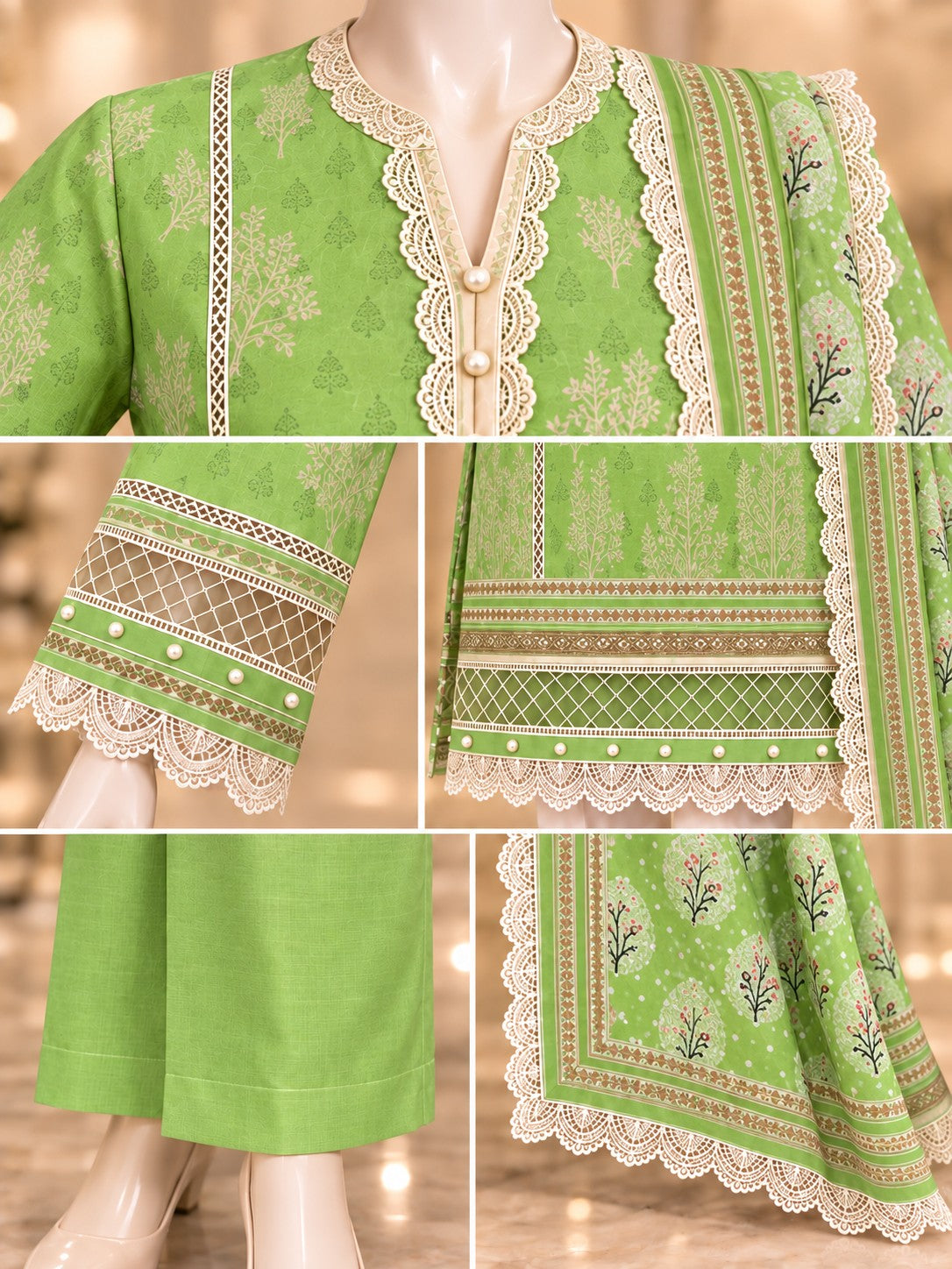 Lime Botanical 3-Piece Printed Suit - details view