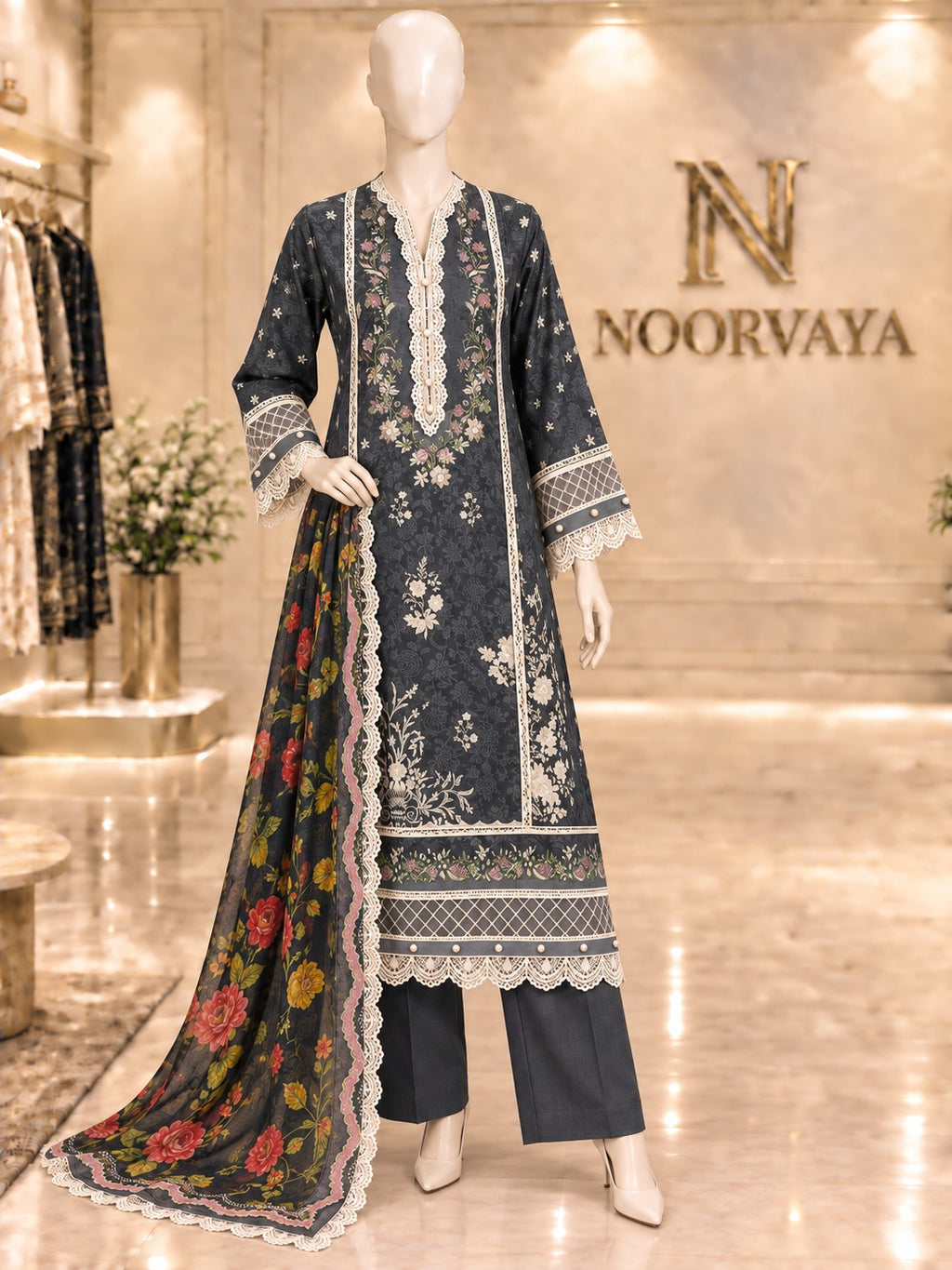 Charcoal Floral 3-Piece Printed Suit - front view