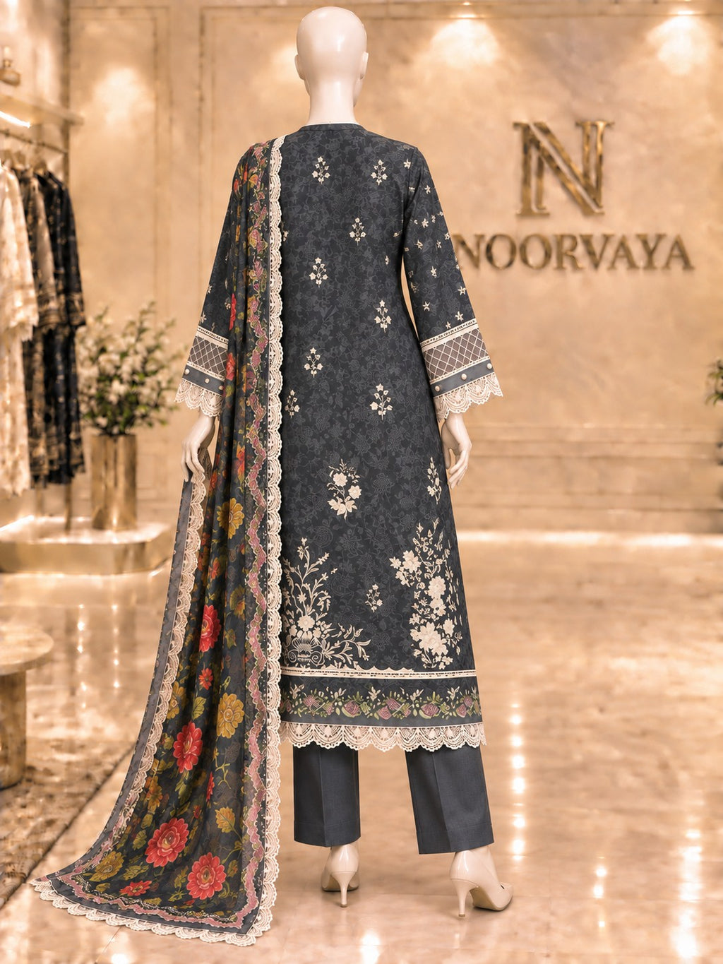 Charcoal Floral 3-Piece Printed Suit - back view