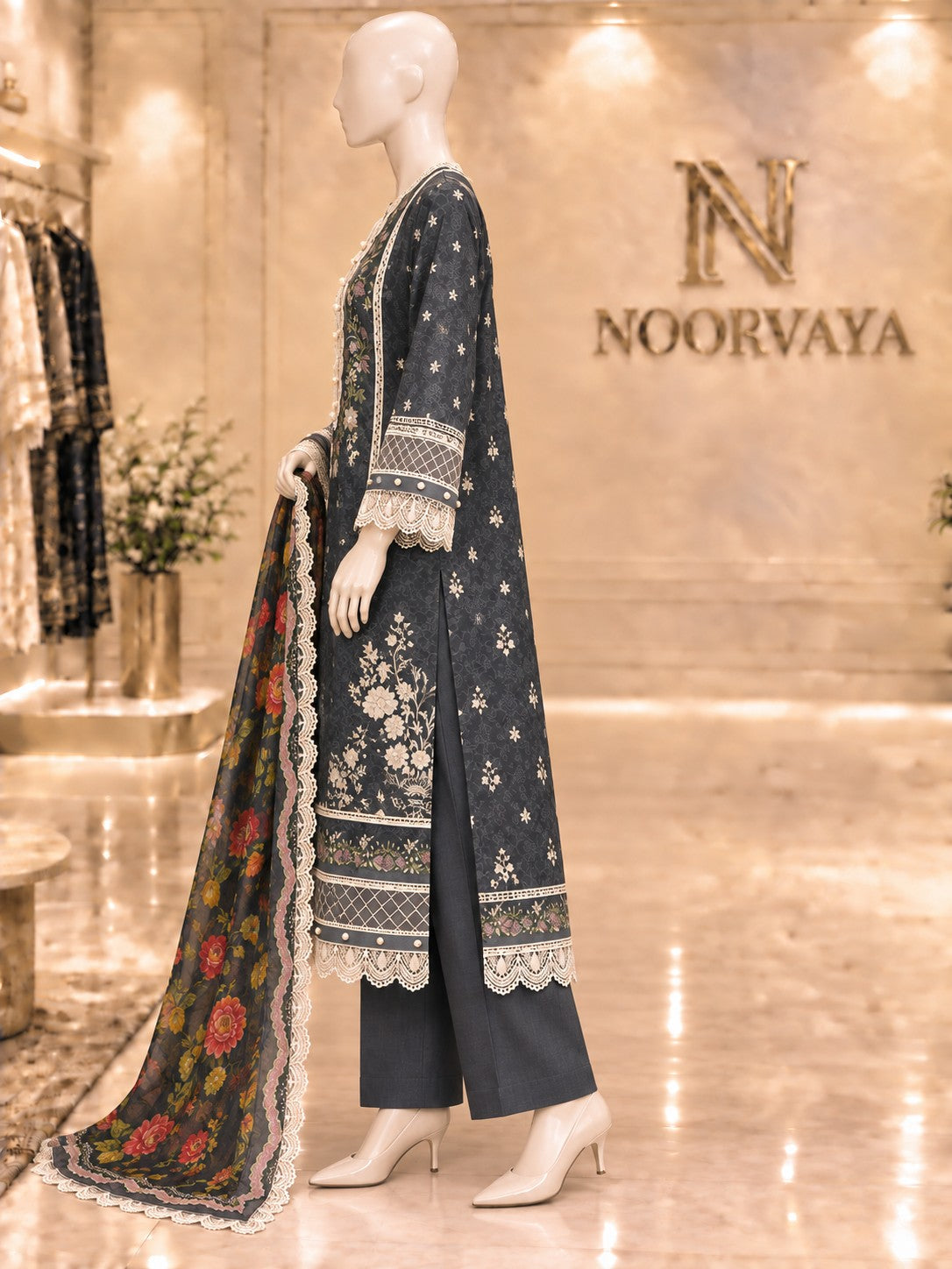 Charcoal Floral 3-Piece Printed Suit - left view
