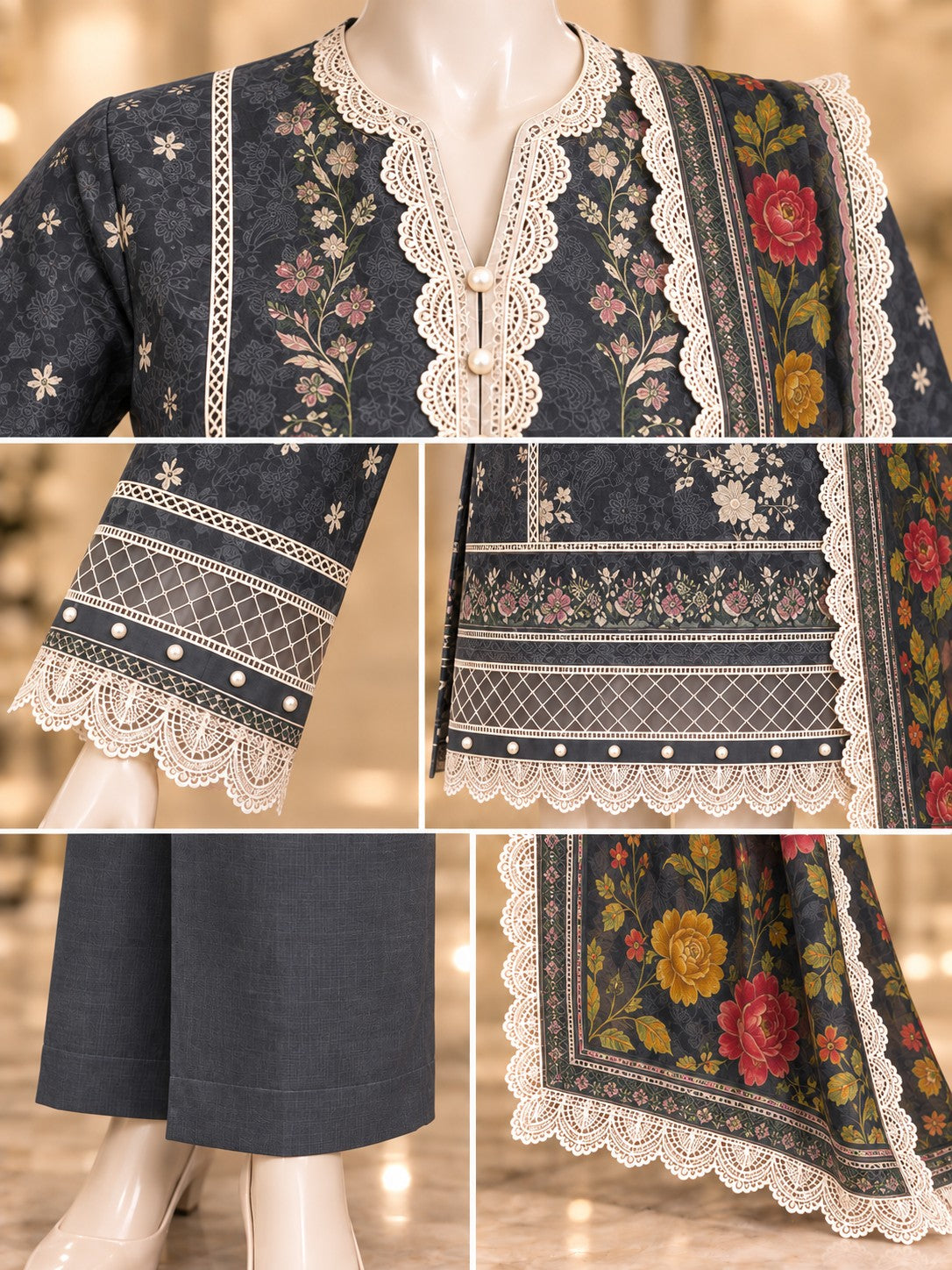 Charcoal Floral 3-Piece Printed Suit - details view