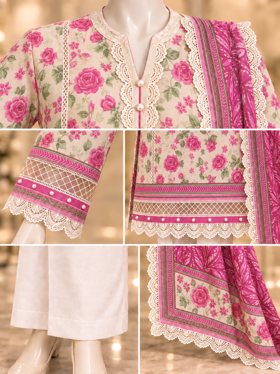 Ivory Rose 3-Piece Printed Suit - details view