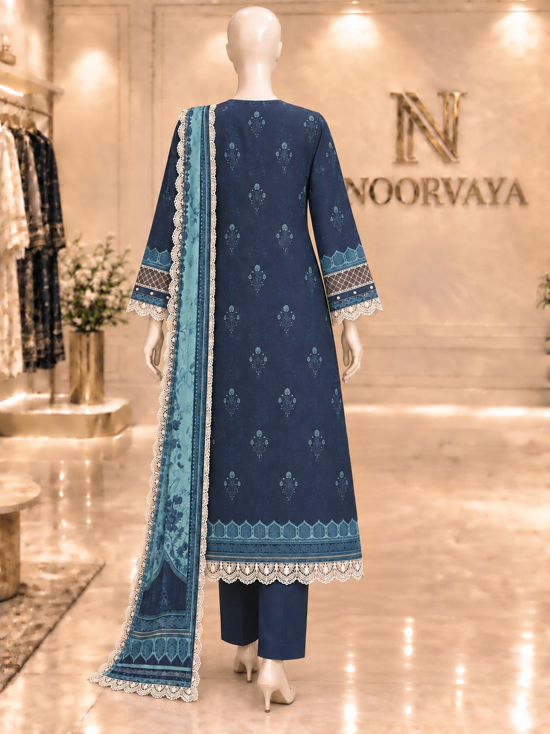Midnight Aqua 3-Piece Printed Lawn Suit - back view