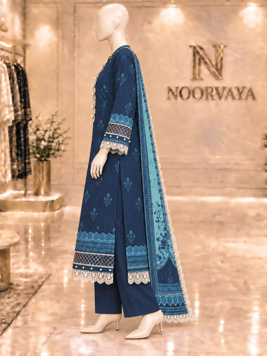 Midnight Aqua 3-Piece Printed Lawn Suit - left view
