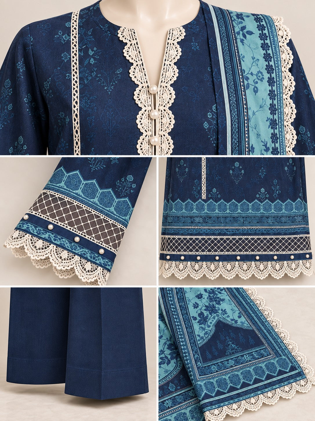 Midnight Aqua 3-Piece Printed Lawn Suit - details view