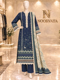 Navy Woodland 3-Piece Printed Lawn Suit - front view
