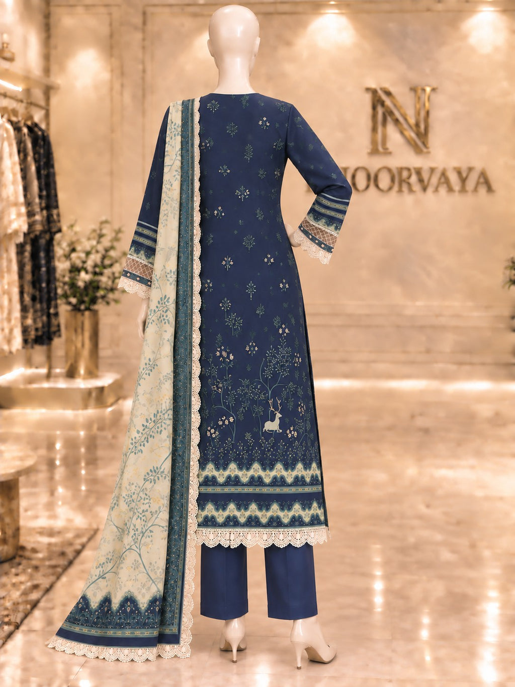 Navy Woodland 3-Piece Printed Lawn Suit - back view