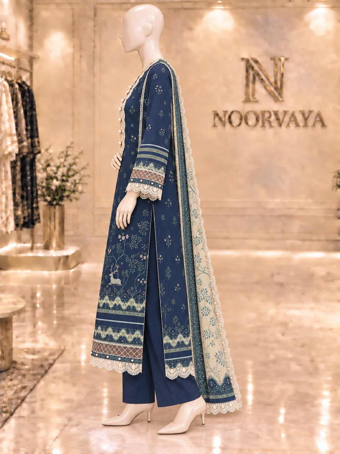 Navy Woodland 3-Piece Printed Lawn Suit - left view