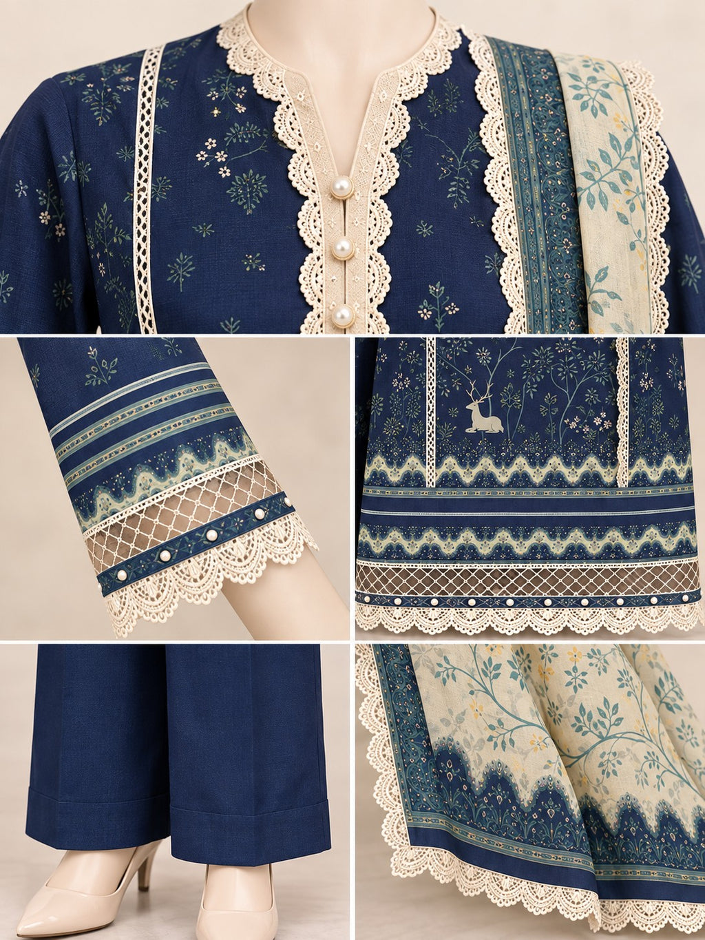Navy Woodland 3-Piece Printed Lawn Suit - details view