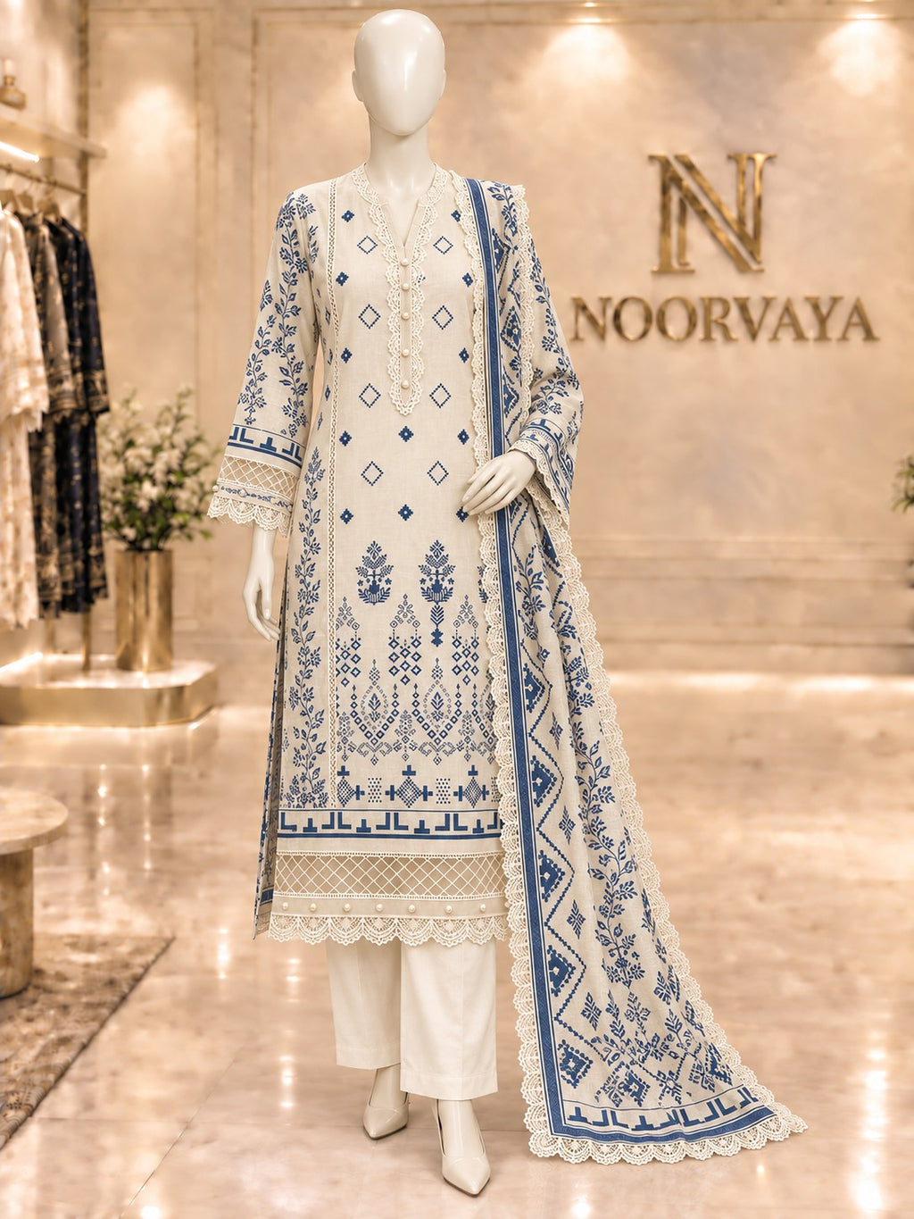 Ivory Indigo 3-Piece Printed Suit - front view