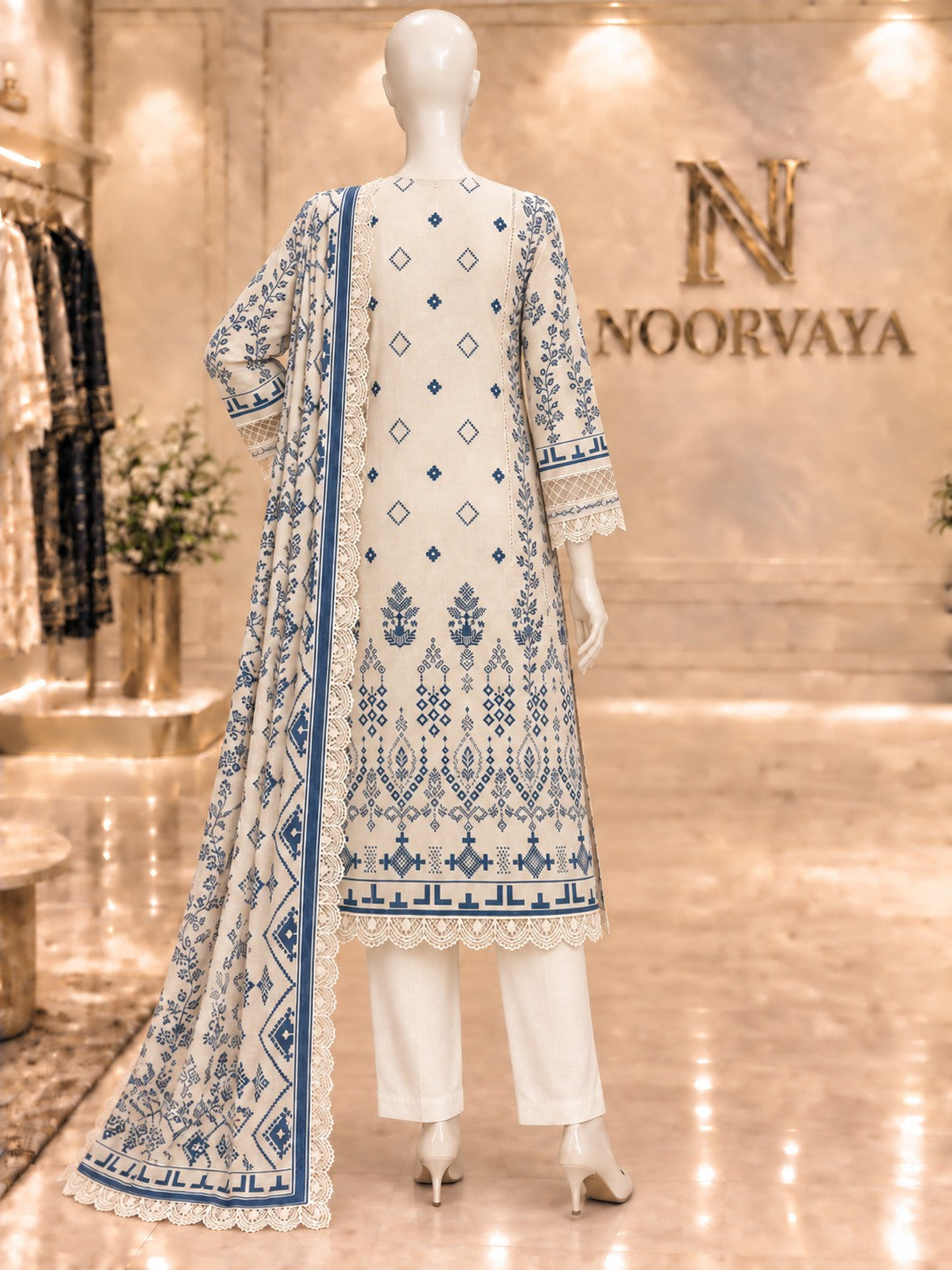 Ivory Indigo 3-Piece Printed Suit - back view