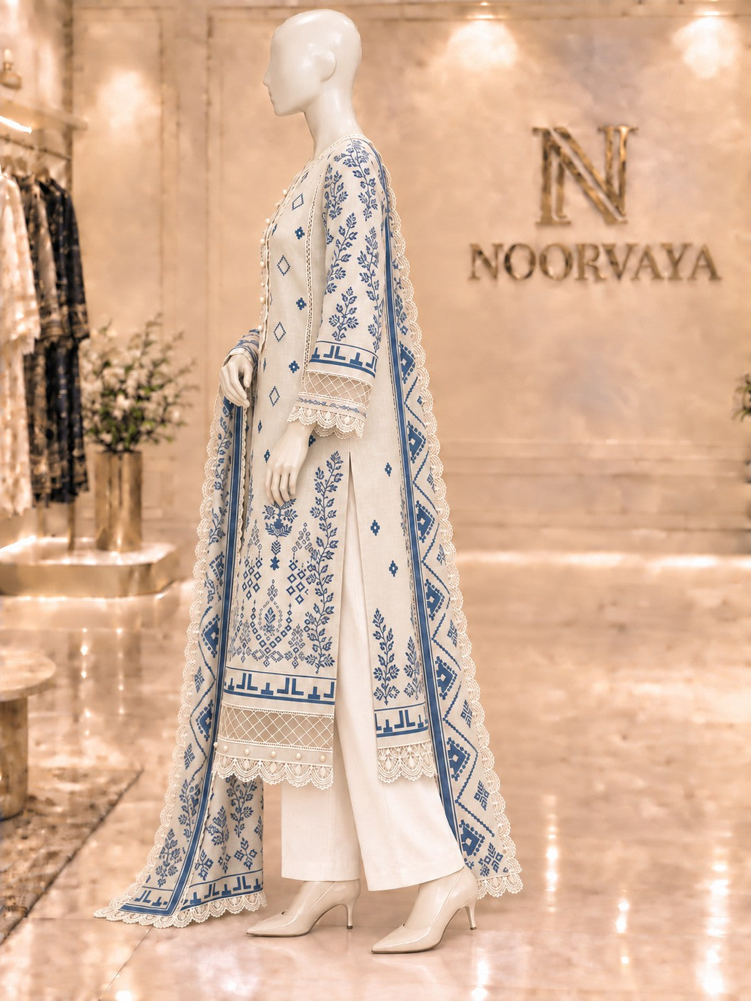 Ivory Indigo 3-Piece Printed Suit - left view
