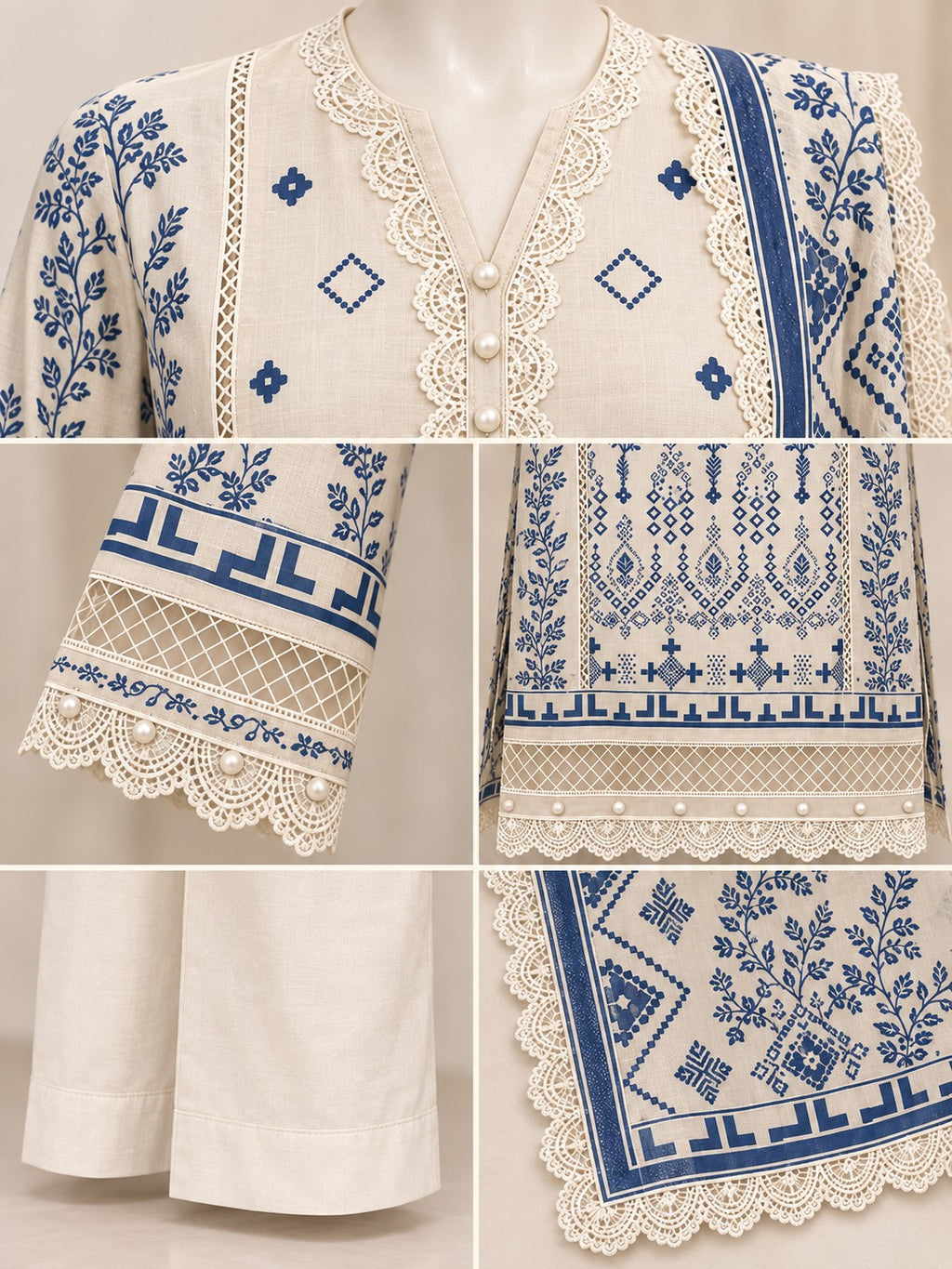 Ivory Indigo 3-Piece Printed Suit - details view