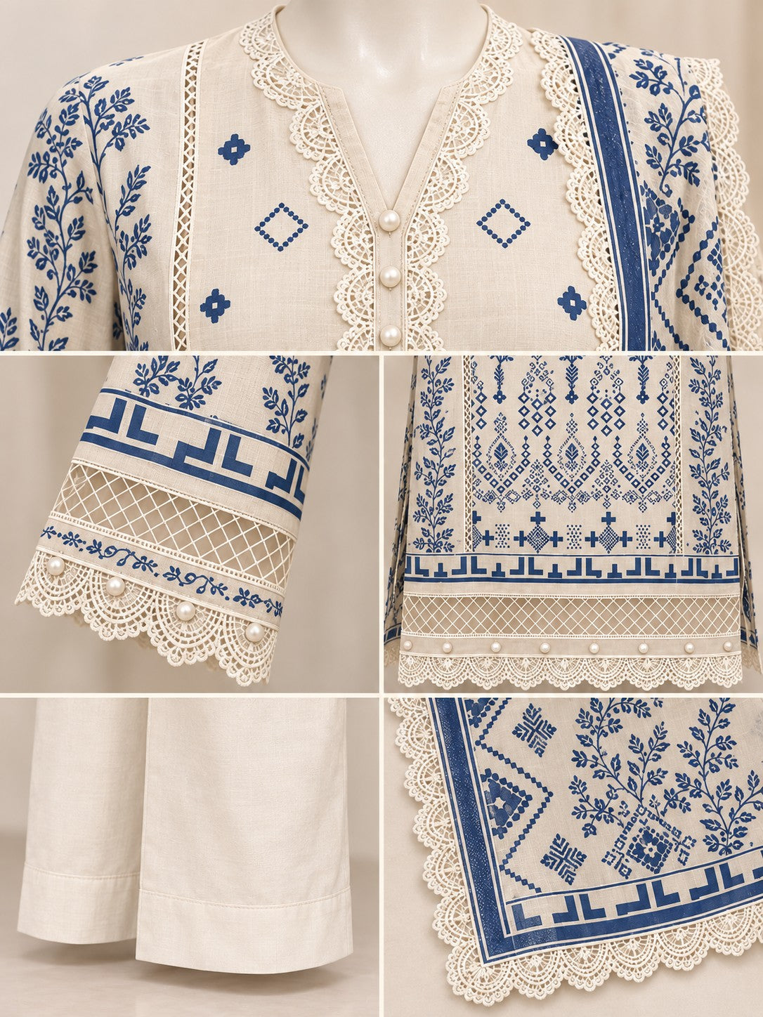 Ivory Indigo 3-Piece Printed Suit - details view