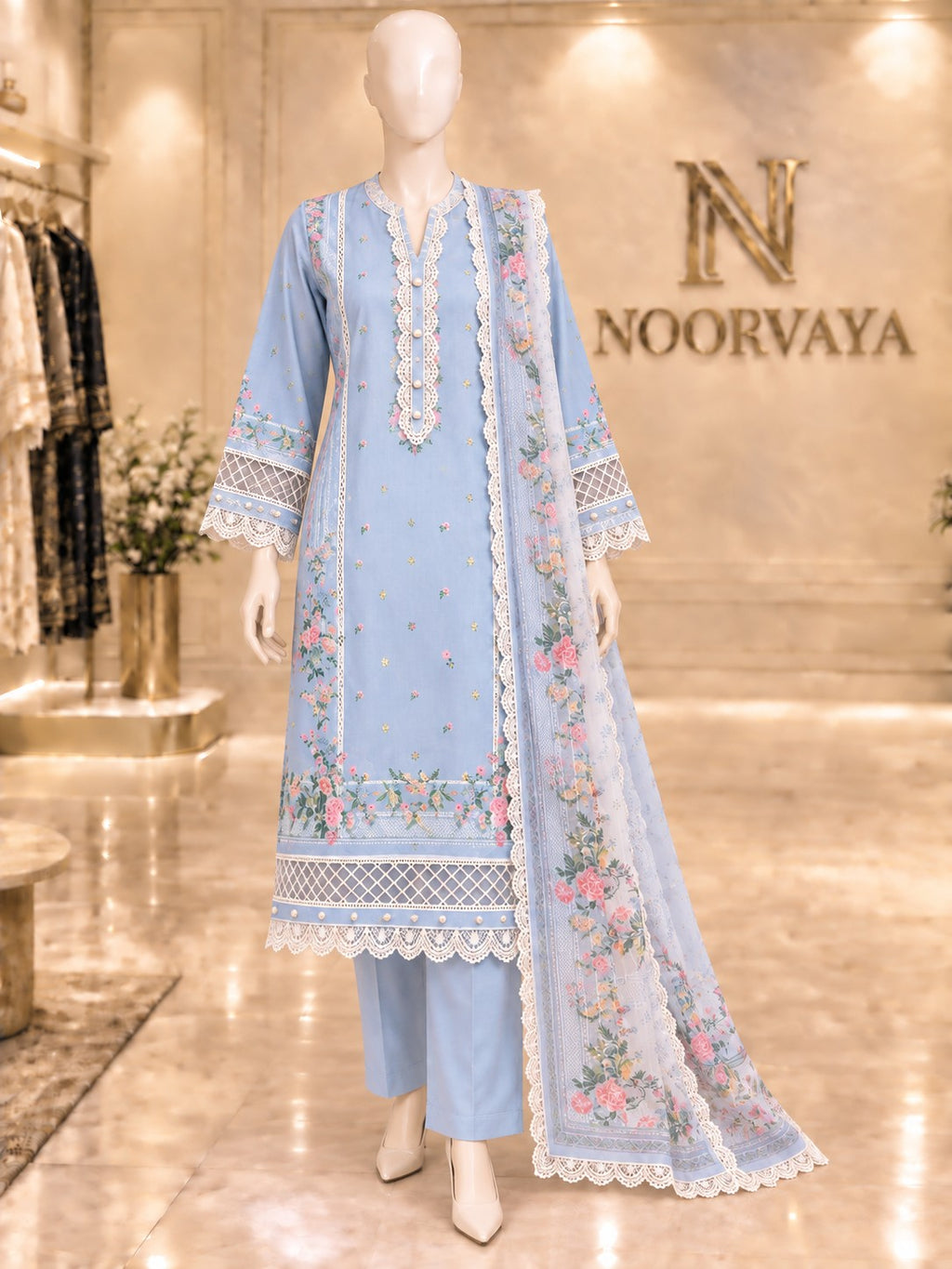 Powder Blue Floral 3-Piece Printed Suit - front view