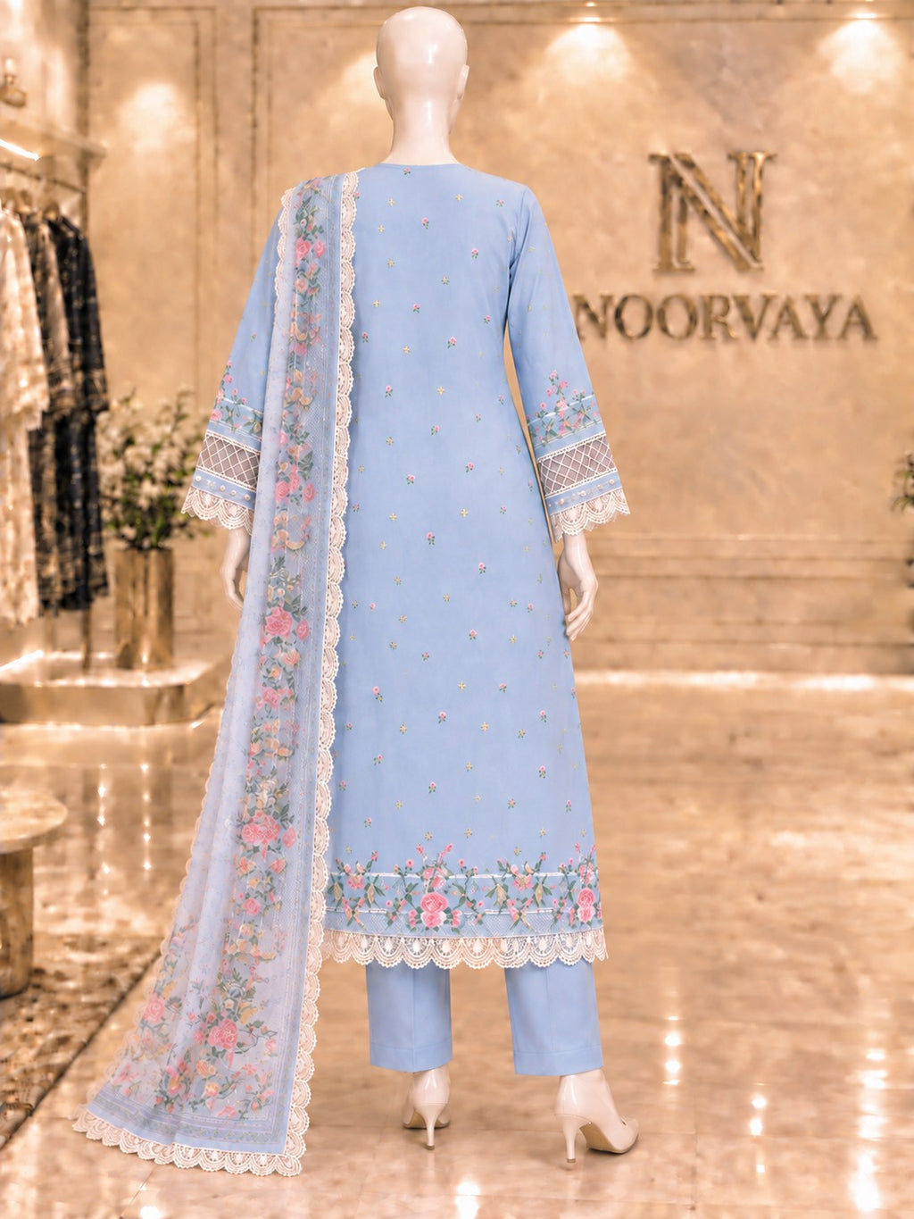 Powder Blue Floral 3-Piece Printed Suit - back view
