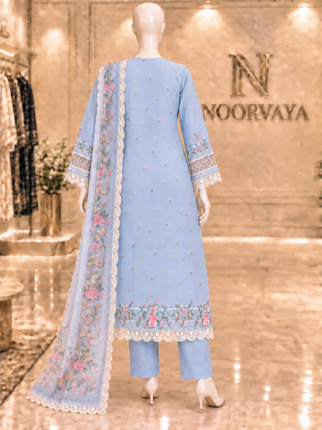 Powder Blue Floral 3-Piece Printed Suit - back view