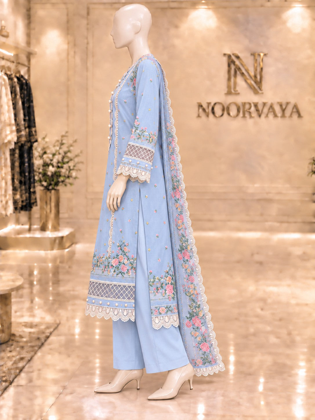 Powder Blue Floral 3-Piece Printed Suit - left view