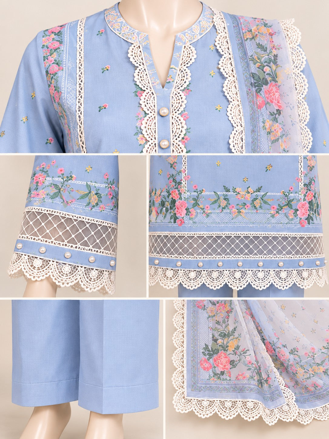 Powder Blue Floral 3-Piece Printed Suit - details view