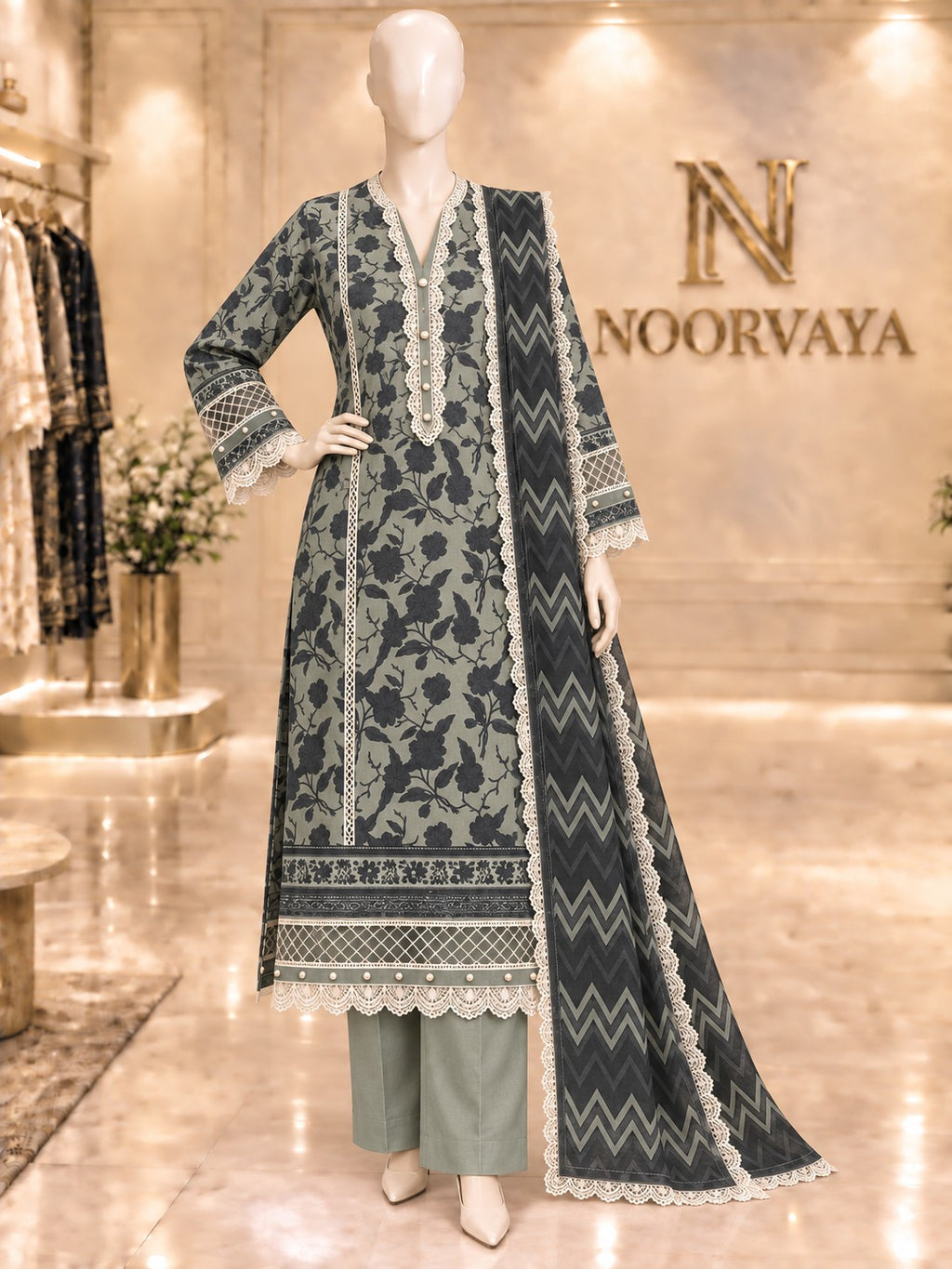 Sage Charcoal 3-Piece Printed Suit - front view