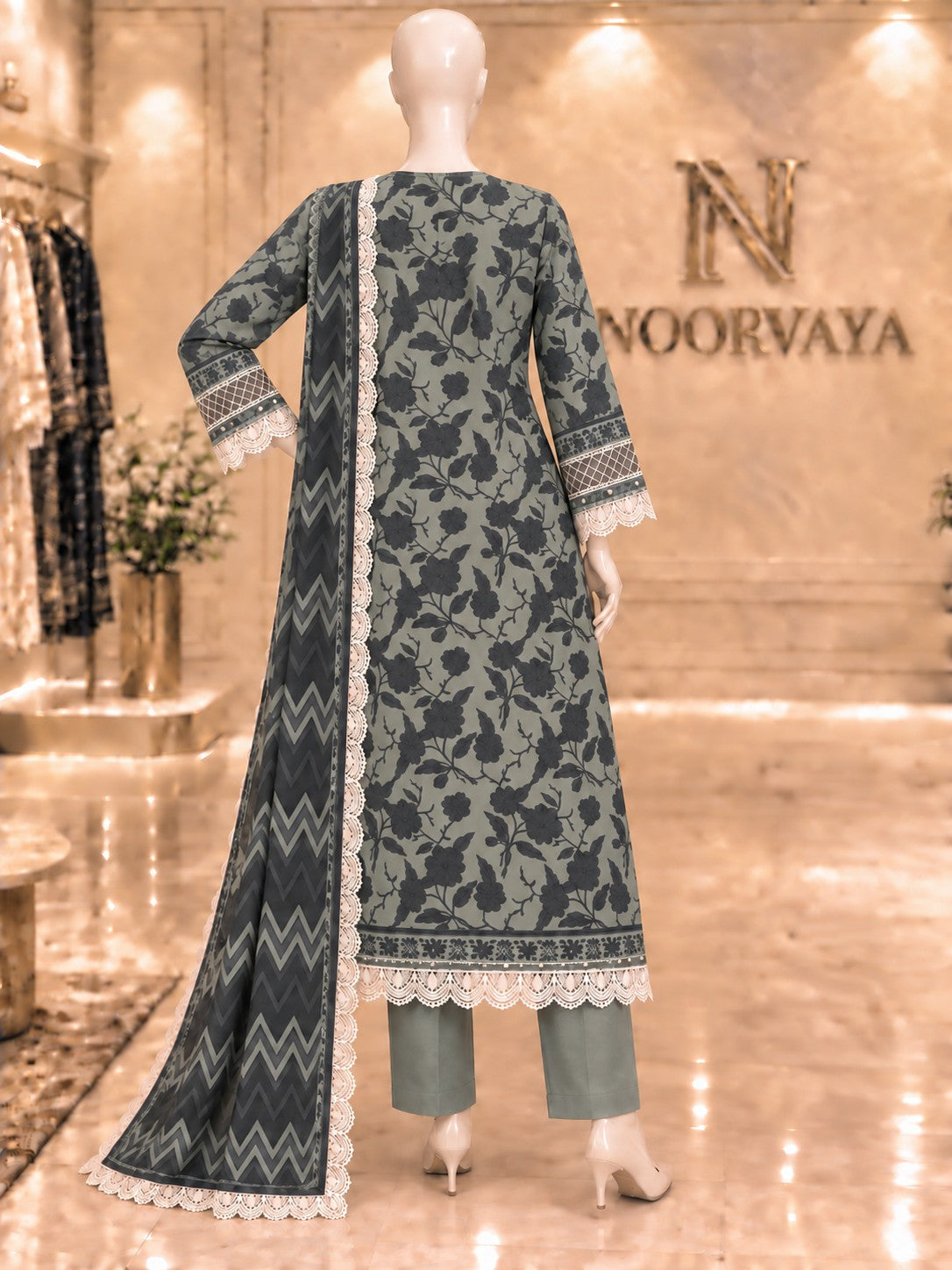 Sage Charcoal 3-Piece Printed Suit - back view