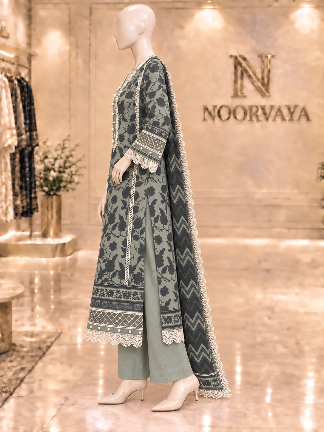 Sage Charcoal 3-Piece Printed Suit - left view