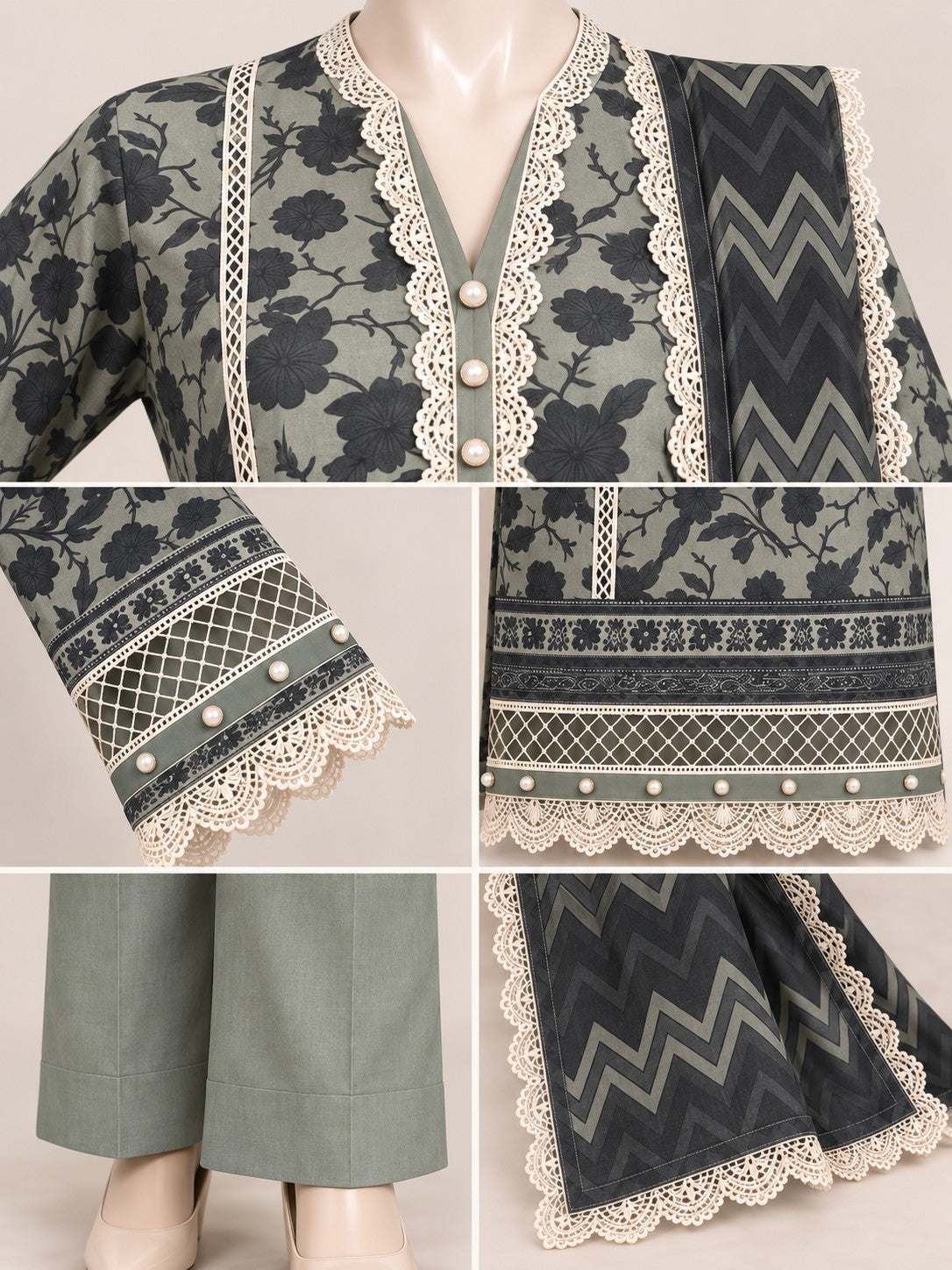 Sage Charcoal 3-Piece Printed Suit - details view