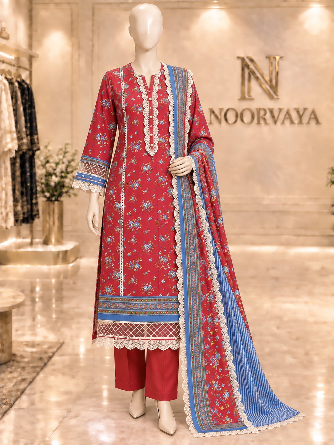 Red Blue Floral 3-Piece Printed Suit - front view
