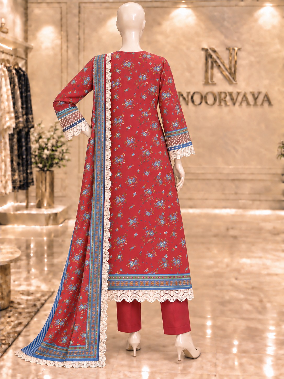 Red Blue Floral 3-Piece Printed Suit - back view
