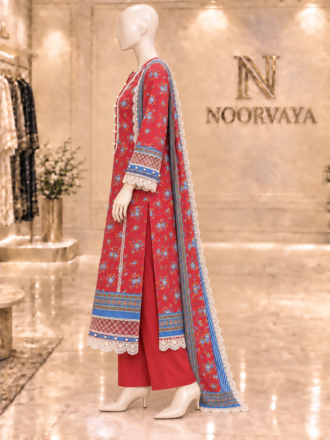 Red Blue Floral 3-Piece Printed Suit - left view