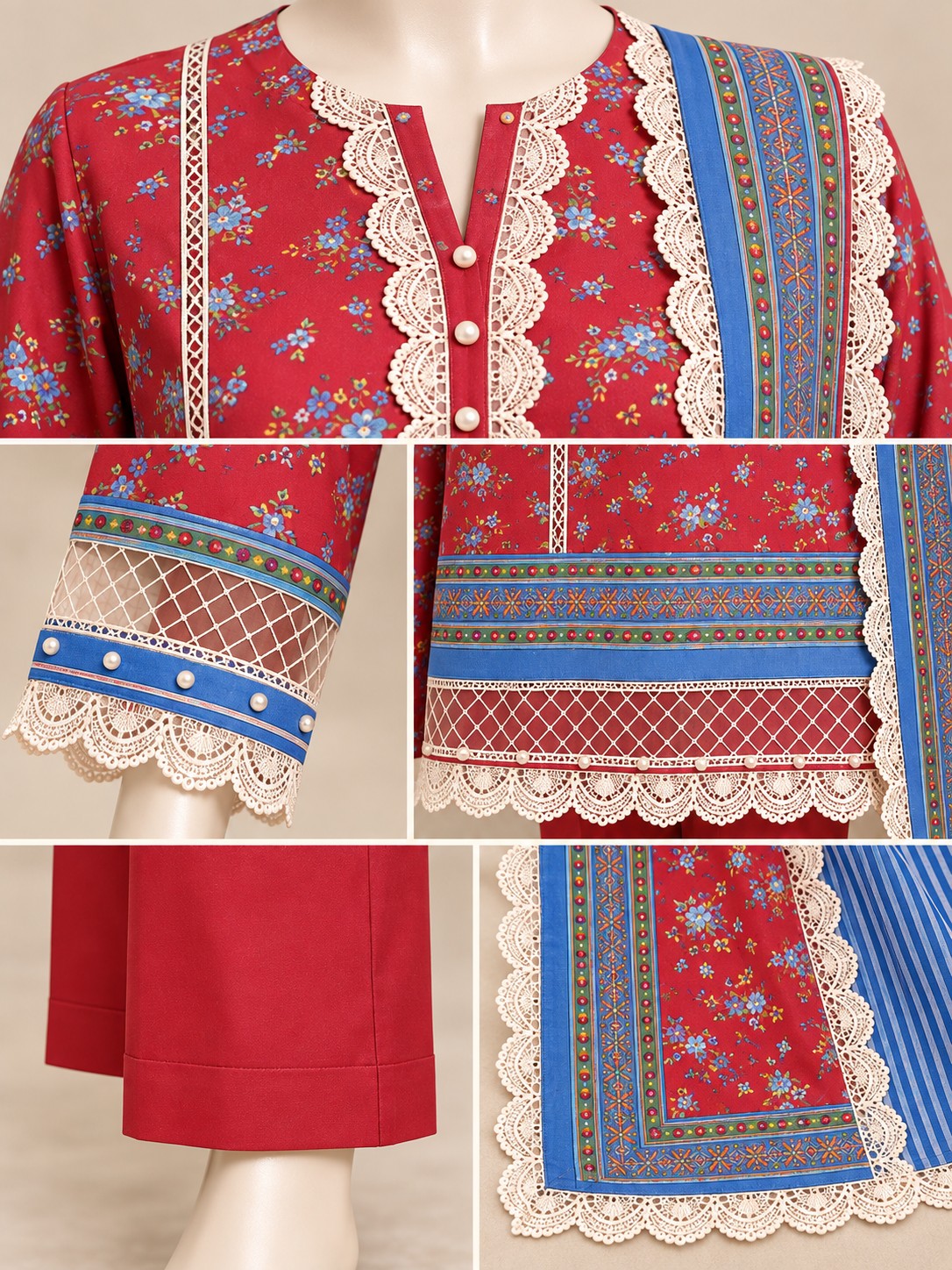 Red Blue Floral 3-Piece Printed Suit - details view
