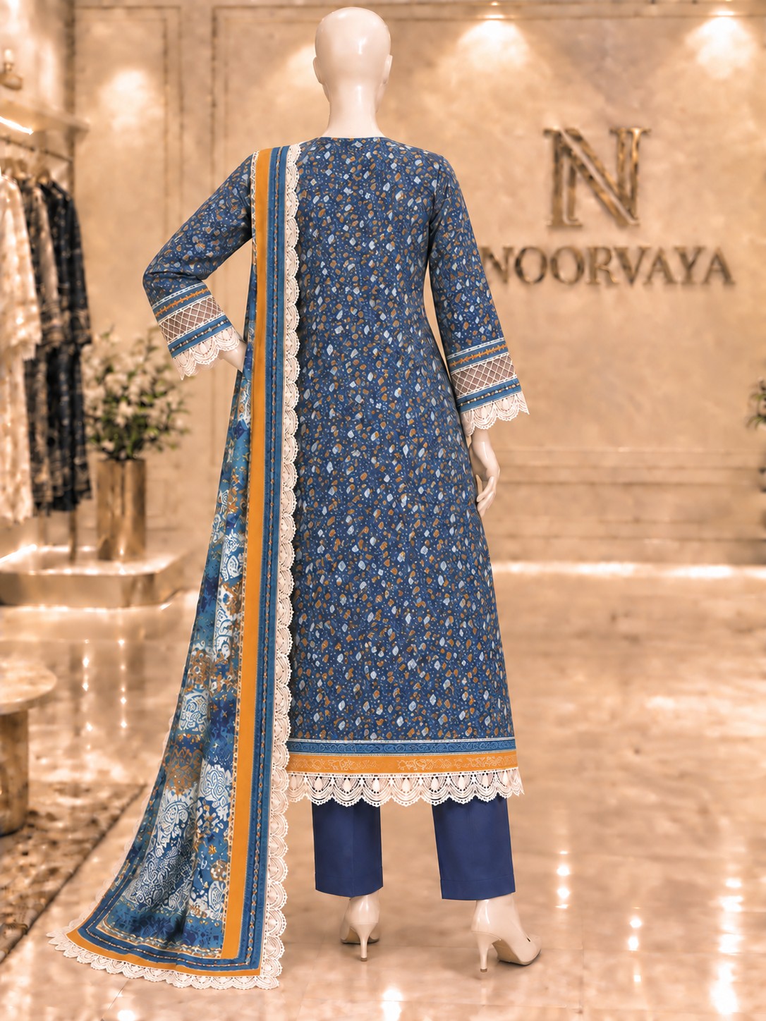 Navy Ochre 3-Piece Printed Suit - back view
