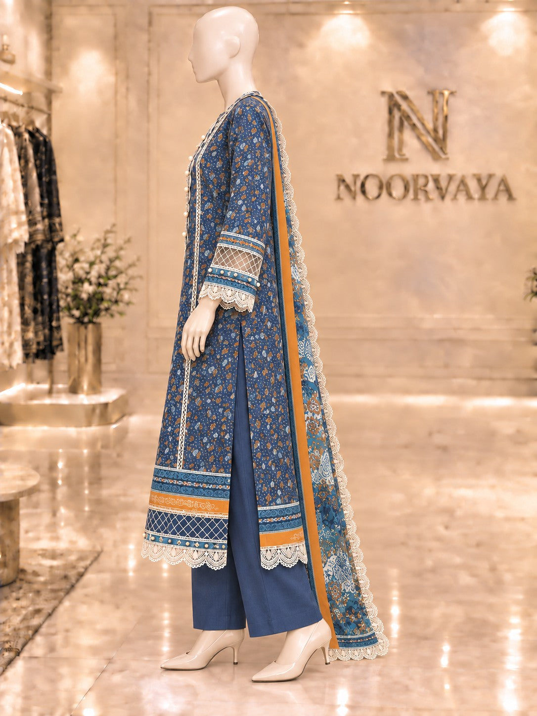 Navy Ochre 3-Piece Printed Suit - left view