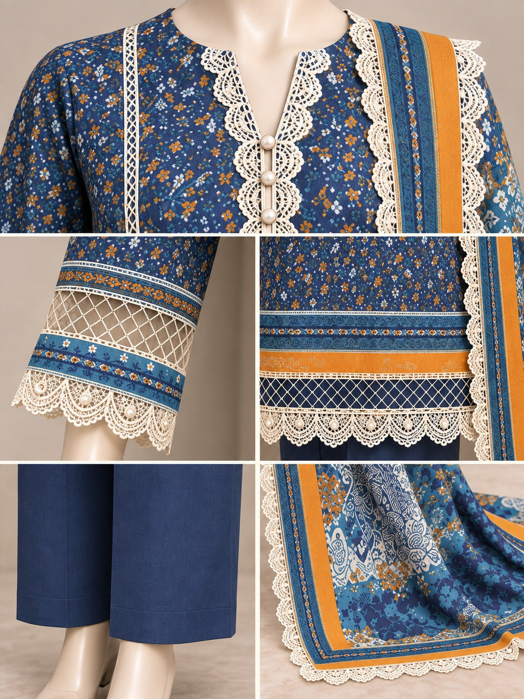 Navy Ochre 3-Piece Printed Suit - details view