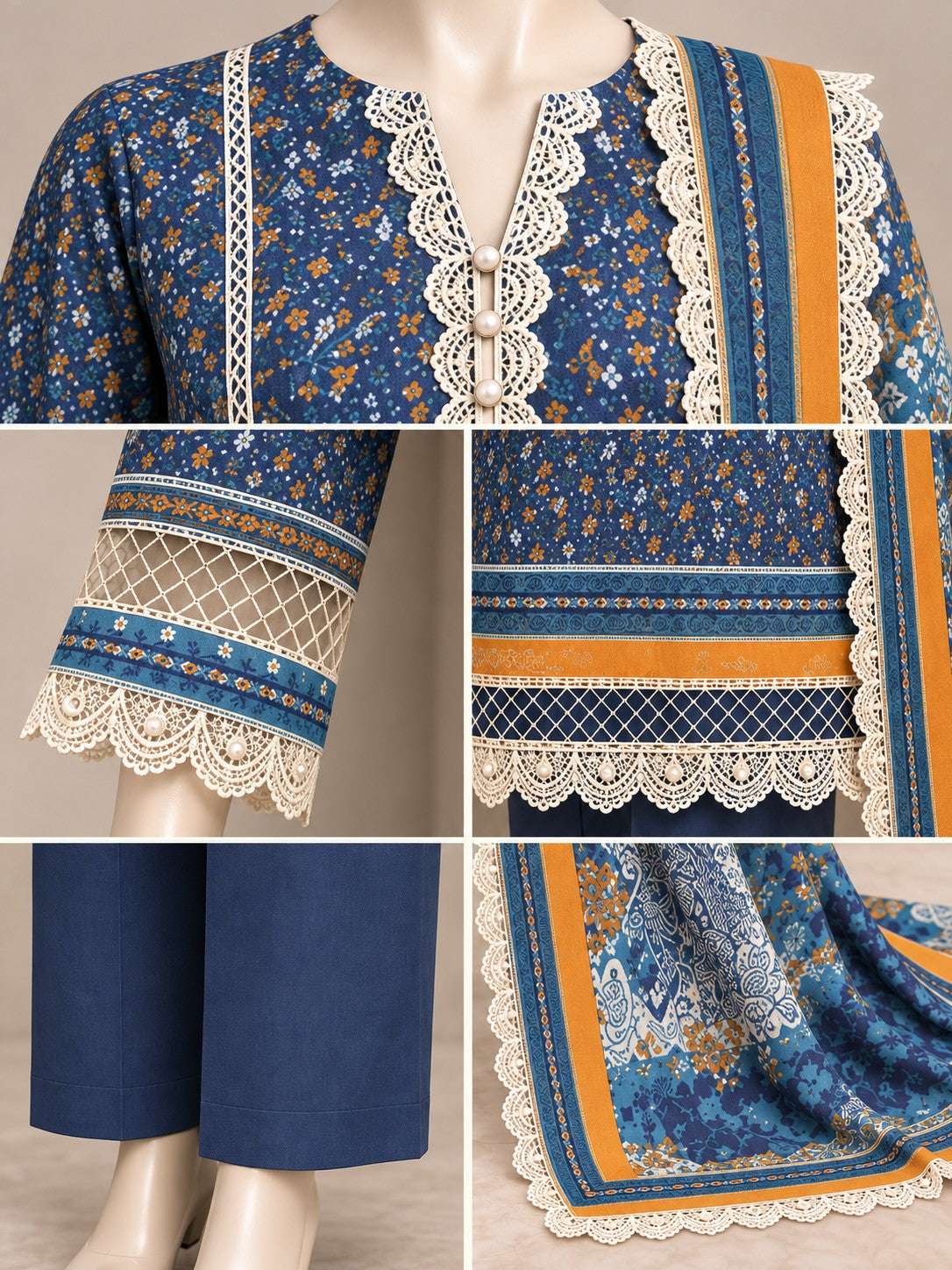 Navy Ochre 3-Piece Printed Suit - details view