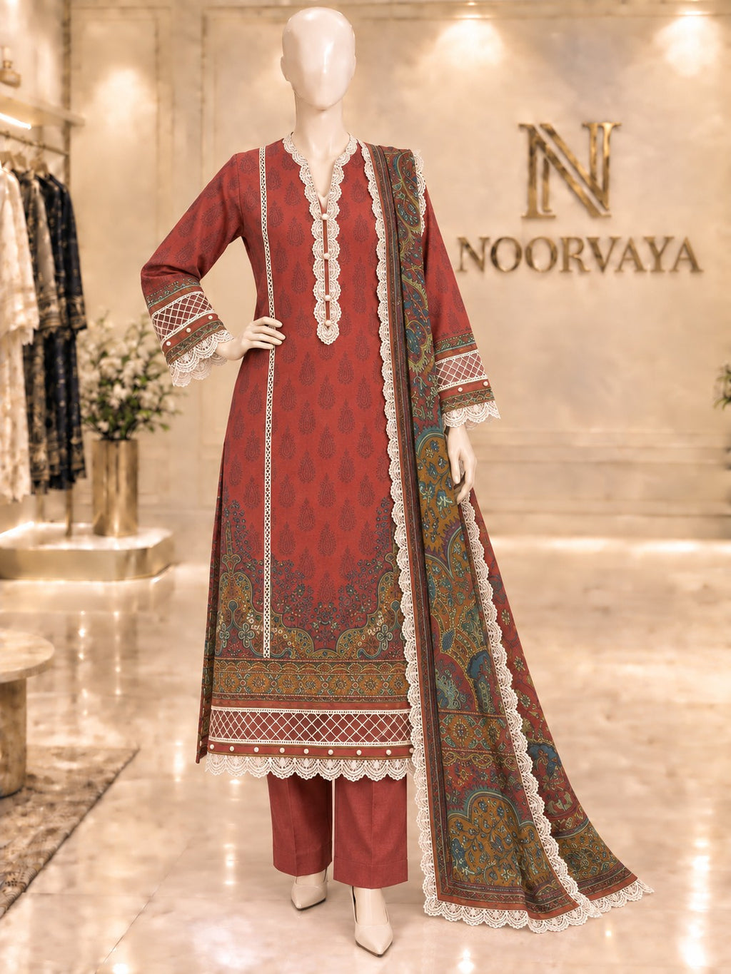 Rust Paisley 3-Piece Printed Lawn Suit - front view